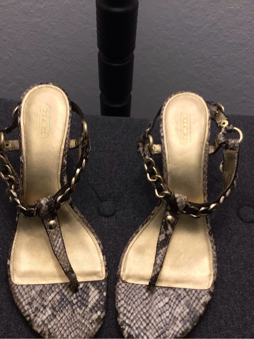 Coach Snake-Print T-Strap Sandals with Gold Footbed and Chain Accent